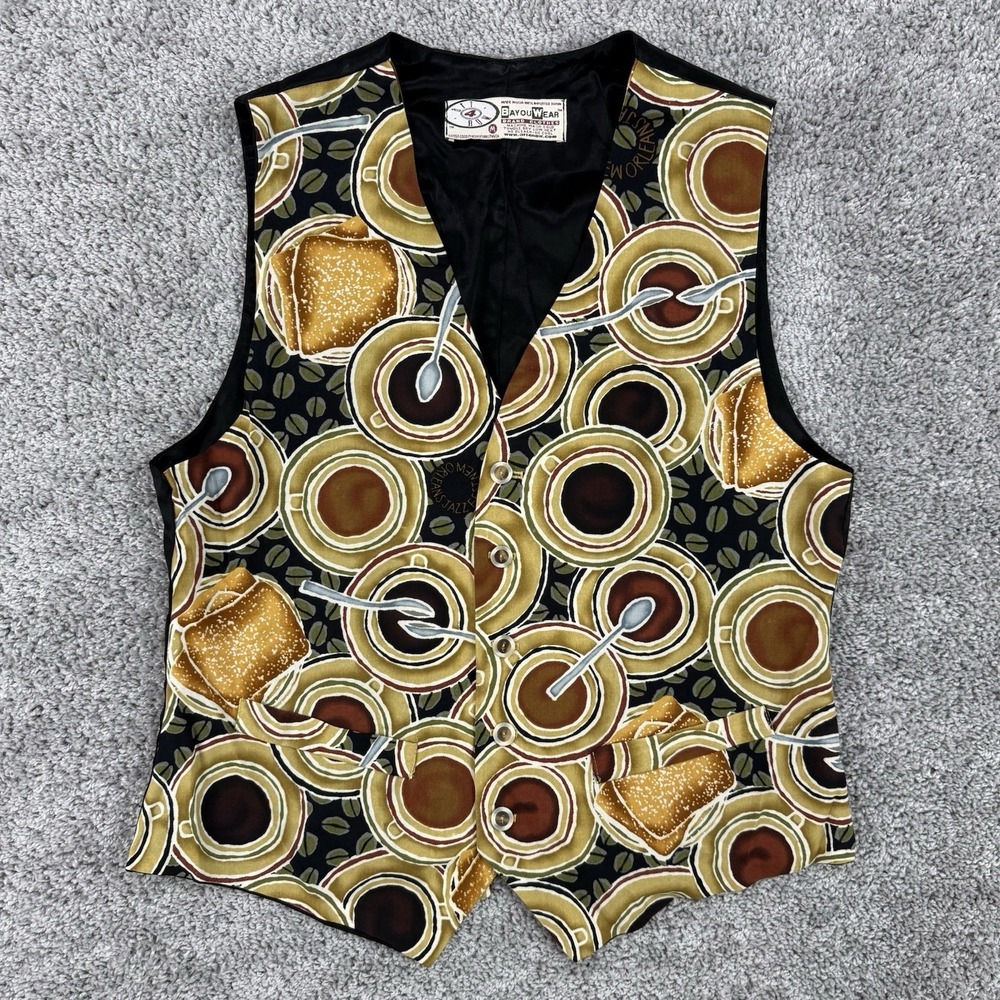 VTG Bayou Wear Vest Men's M Coffee Cup Pastry AOP Waistcoat Made In USA Rayon